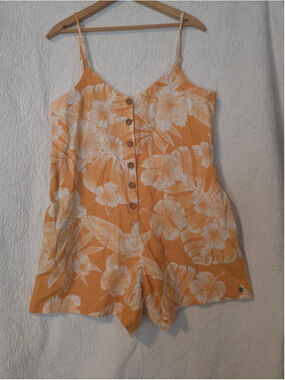 Women's ROXY Linen Orange & White Floral Romper Shorts L Coastal Summer Beach